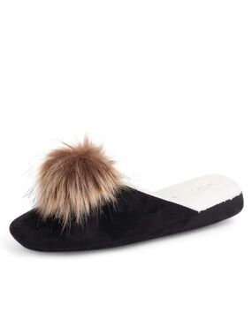 NWOT Patricia Green Pretty Pouf Slippers in black with tan faux-fur details 9